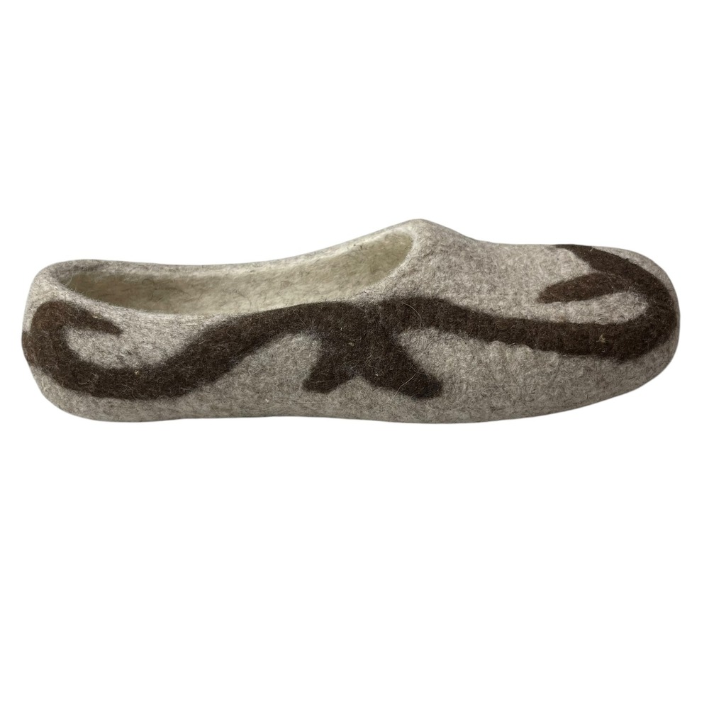 Handmade Felted Wool Slippers Grey Brown Scroll Non-Slip House Shoes Size 43